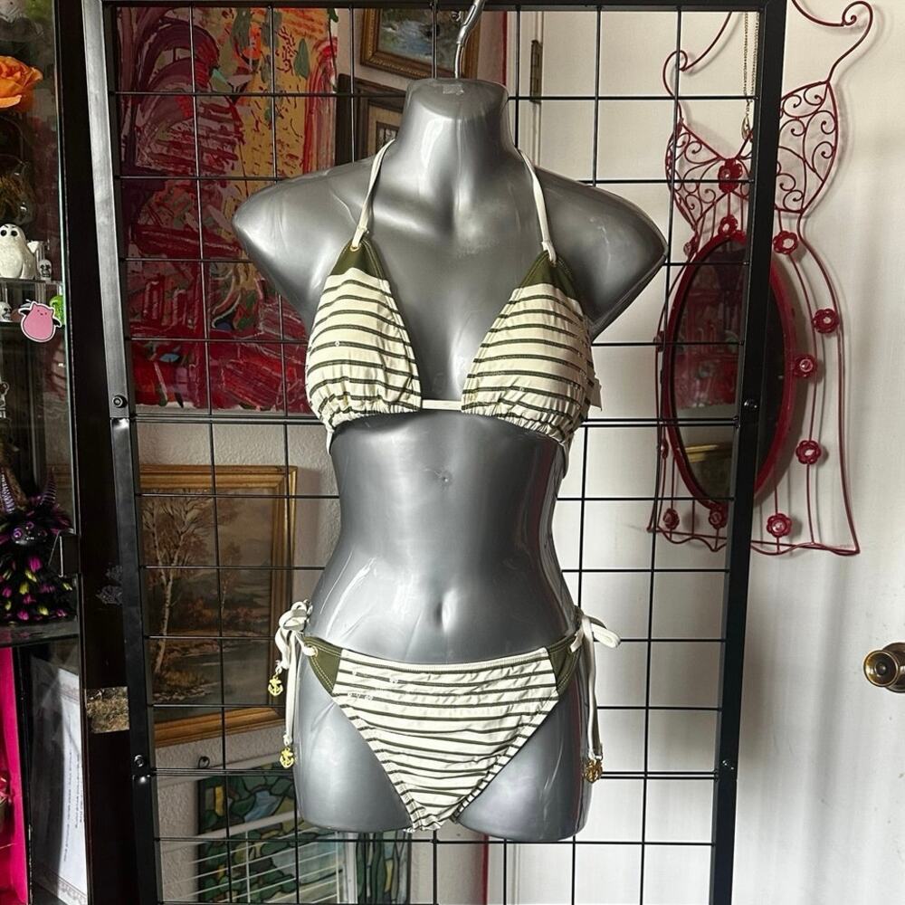 Sperry top sided green cream striped bikini swimsuit set